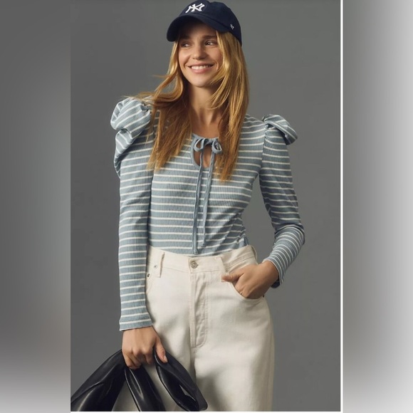 Porridge Tops - Anthropologie Porridge Blue & White Puff-Sleeve Ribbed Top – Size XS